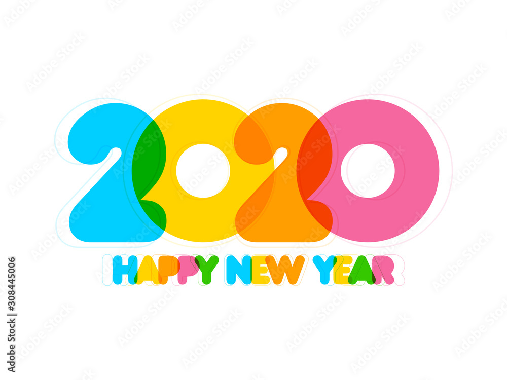 Flat Style Colorful Happy New Year 2020 Text on White Background.