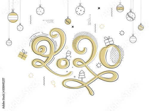 Yellow Font of 2020 with Line Art Style Baubles, Gift Boxes, Xmas Tree and Wine Glass on White Background.
