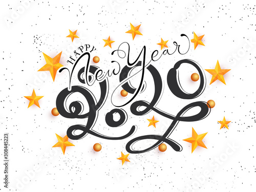 Happy New Year 2020 Text Decorated with 3D Golden Stars, Spheres and Black Confetti on White Background.