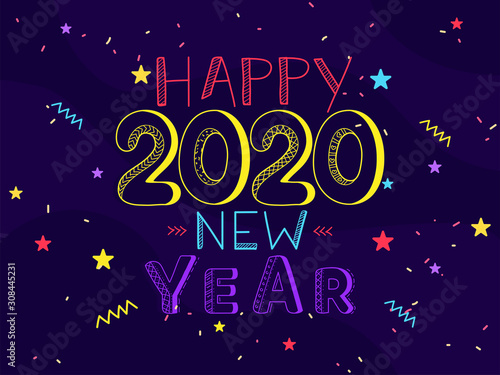 Colorful Happy New Year 2020 Text in Line Art and Confetti on Purple Background.