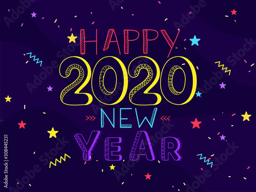 Colorful Happy New Year 2020 Text in Line Art and Confetti on Purple Background.