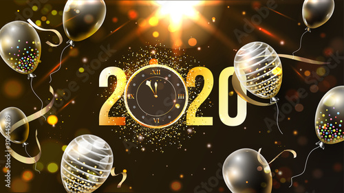 Golden Text 2020 with Wall Clock and Balloons Decorated on Brown Bokeh Lighting Effect Background.