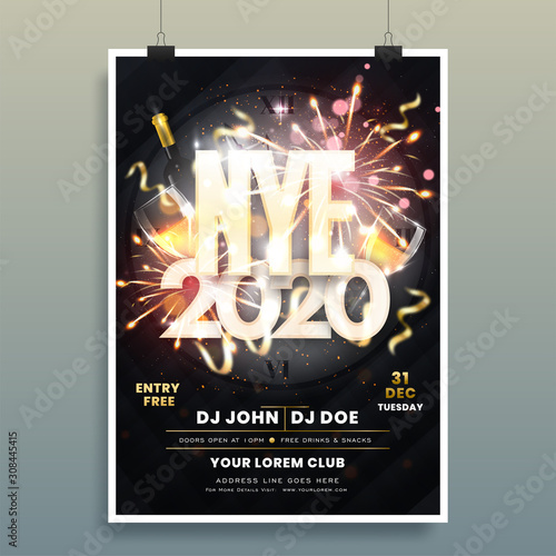 NYE 2020 Party Flyer Design with Wall Clock, Champagne Bottle and Wine Glass on Fireworks Lighting Effect Black Background.