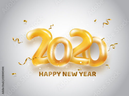 Golden Balloons Number of 2020 with Bokeh Effect and Bronze Confetti Ribbon on Grey Background for Happy New Year Celebration.