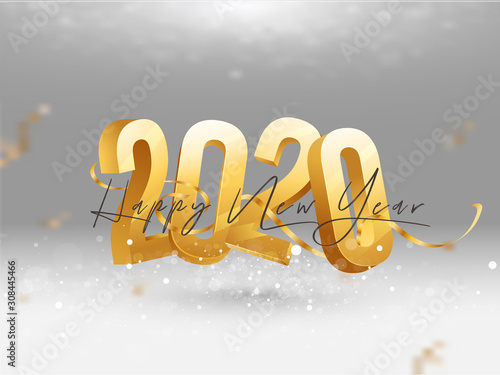 3D Golden 2020 Text with Confetti Ribbon on Grey Bokeh Background for Happy New Year Celebration.