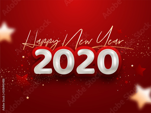 Happy New Year 2020 Font in Golden and White Color and Confetti Decorated on Red Background.