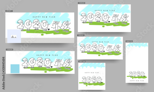 Funny Cartoon Number of 2020 Welcome Happy New Year and Going 2019 on Abstract Background. Header or Banner, Poster and Template design.