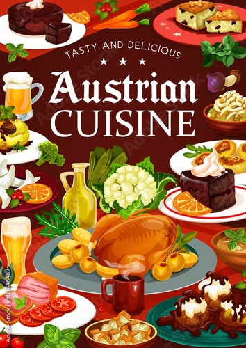 Food of Austrian cuisine, vector desserts, vegetables and beer. National meals of Austria, meat and coffee cup. Tyrolean beef stew and chocolate cake , potato pasta and beer soup, cabbage