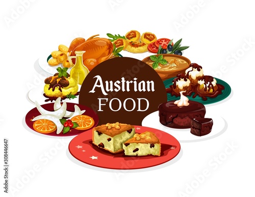 Austrian cuisine food, snacks and desserts isolated banner. Vector goose and jug of oil, vanilla horseshoes and vasilapita, chocolate cake . Goulash in Tyrolean, cheese knodels