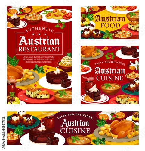 Authentic austrian cuisine food, restaurant or cafe menu. Vector cuisine of Austria, national main course meals and desserts. Tyrolean beef stew goulash and chocolate cake , baked goose on plate