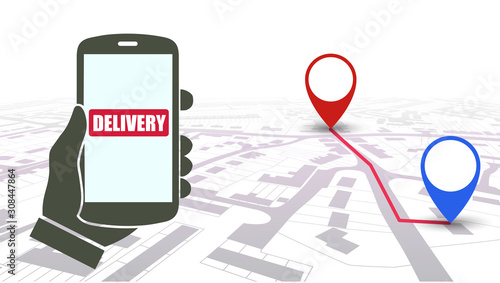 City plan with GPS navigation, phone with hand and delivery button concept, city map route navigation smartphone, phone point marker, itinerary destination city map – stock vector