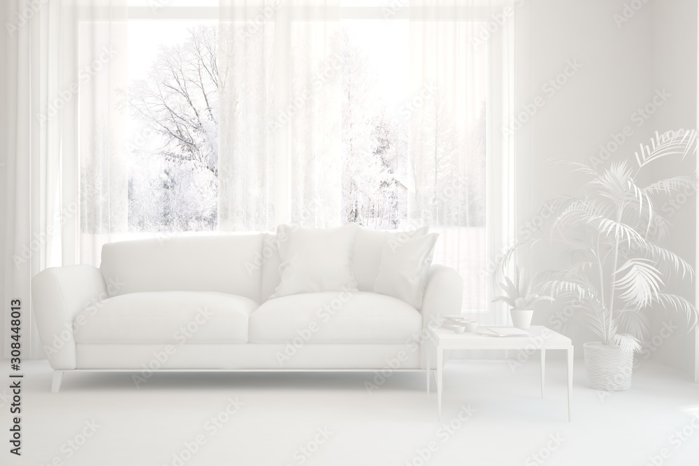 Mock up of stylish room in white color with sofa and winter landscape in window. Scandinavian interior design. 3D illustration Mock up of stylish room in white color with sofa and winter landscape in window. Scandinavian interior design. 3D illustration