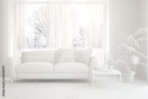 Mock up of stylish room in white color with sofa and winter landscape in window. Scandinavian interior design. 3D illustration © AntonSh