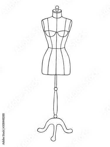 Women's sewing mannequin with technical lines for atelier, fashion boutique. Black- white female dummy tailor. Vector illustration Isolated on white background. Drawn by hand graphic sketch. Coloring.