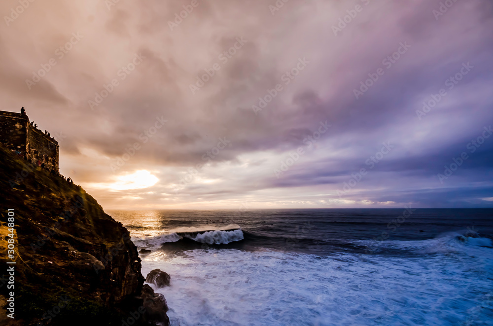 Nazare, Portugal: Nov 15, 2019: massive waves as seen from Nazare Lighthouse in Nazare, Portugal