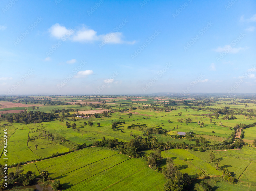 Drone shot aerial top view scenic landscape the agriculture farm countryside and rural lifestyle