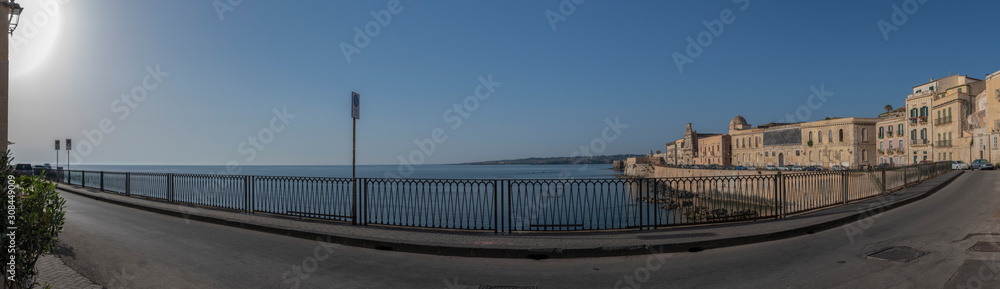 Panorama of the island Ortigia at sunrise in the province Syracuse in Sicily, south Italy
