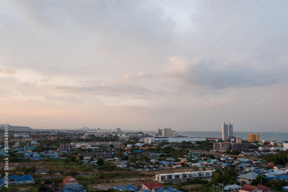 Aerial view scenic landscape of the city with storm cloud rain will coming