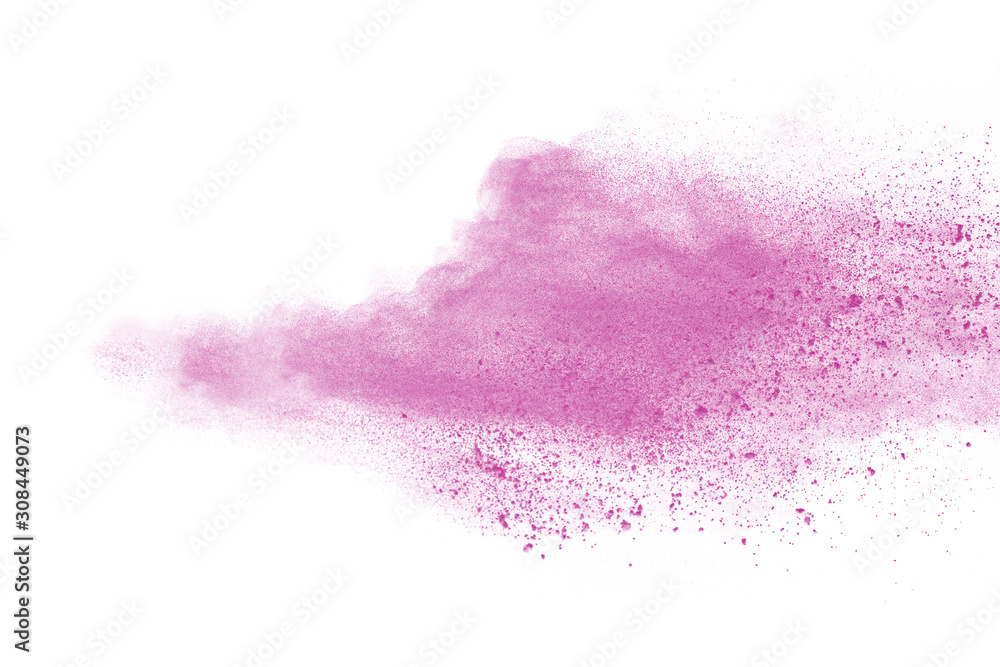 Pink powder explosion on white background. Paint Holi.