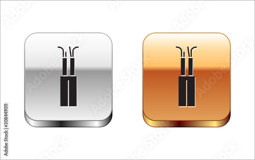 Black Electric cable icon isolated on white background. Silver-gold square button. Vector Illustration