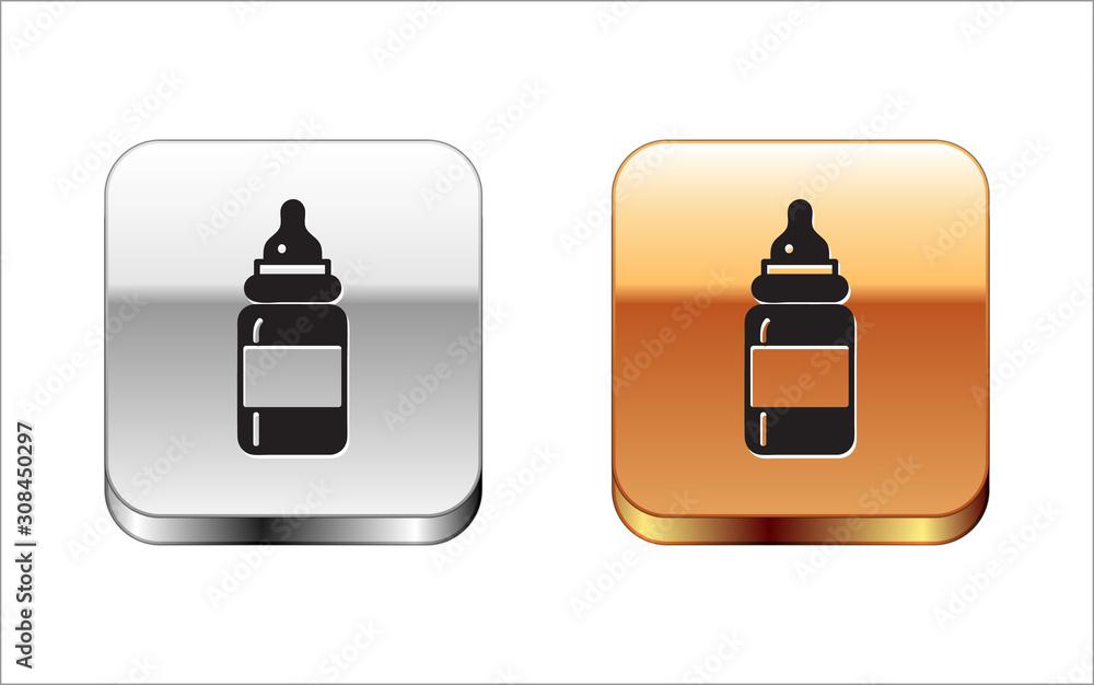 Black Baby bottle icon isolated on white background. Feeding bottle icon. Milk  bottle sign. Silver-gold square button. Vector Illustration Stock Vector |  Adobe Stock