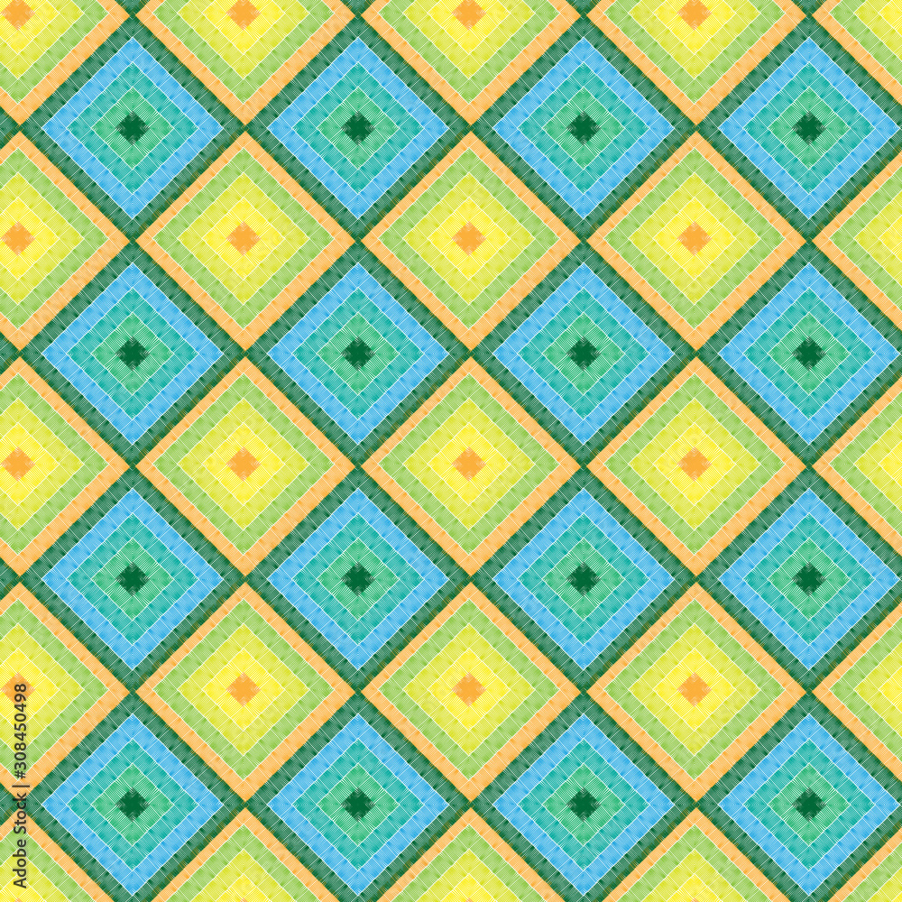 Colorful satin stich like embroidered rhombus pattern for textile print/home decor/surface pattern. 