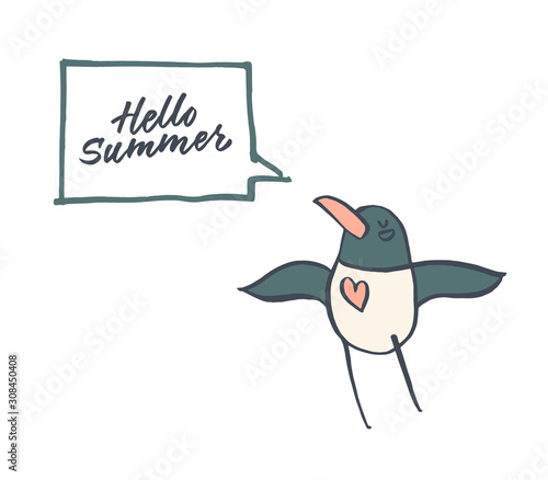 Seagull with speech bubbles. Hello Summer Quotes. Hand drawn vector illustration. The sketch drawing.