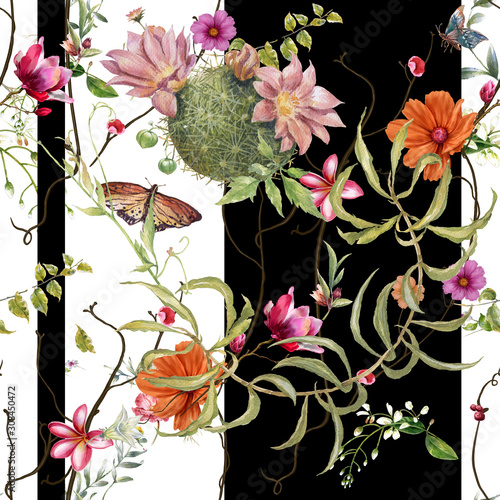 Watercolor painting of leaf and flowers, seamless pattern on white background