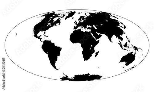 Silhouette of Map of the Earth. Monochrome vector illustration of Earth map with black continents and white oceans isolated on white background. Nowadays projection. Stencil. Worldmap.