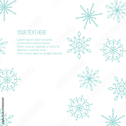 Vector illustration with snowflakes and place for text on white background. Template for poster, web and advertising banner, greeting card, party invitation, post in social media or mailing, flyer.