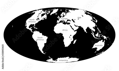 Map of the World. Monochrome vector illustration of Worldmap with white continents and black oceans isolated on white background. Nowadays projection. Silhouette. Element for your design.