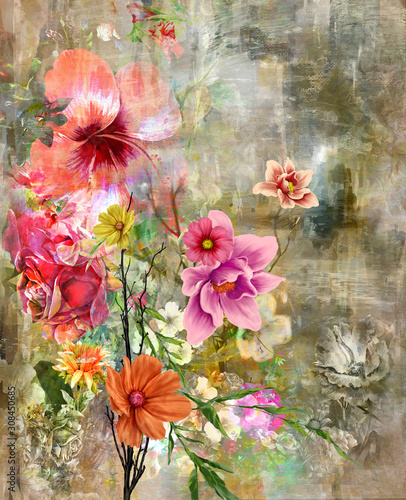 Abstract art colorful flowers  painting. Spring multicolored illustration.