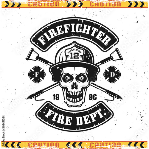 Skull of firefighter and fire hooks vector emblem