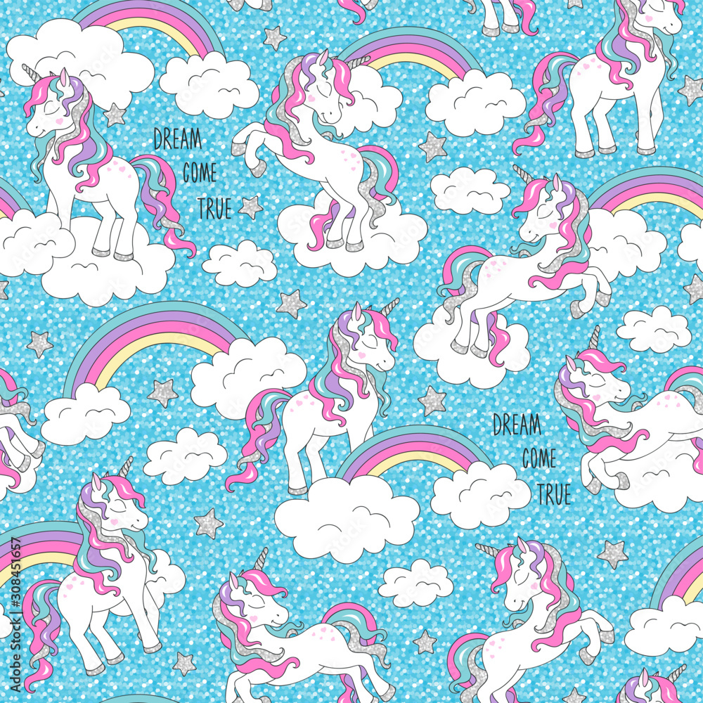 Beautiful unicorn pattern. Trendy seamless vector pattern on a blue background.
