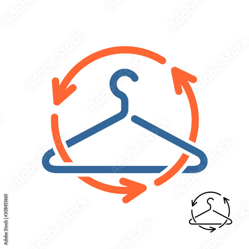 Second hand shop logo. Recycling clothes symbol. Hanger symbol with arrows around.