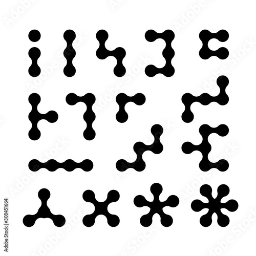 Kids construction toys templates. Molecular structures design symbols set. Black silhouettes of metaballs connected as shape figures of puzzle game for children.