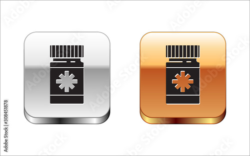 Black Dog medicine bottle and pills icon isolated on white background. Container with pills. Prescription medicine for animal. Silver-gold square button. Vector Illustration