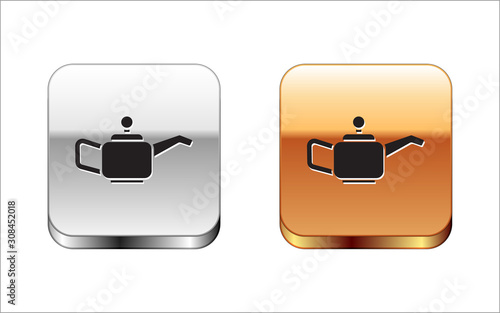Black Canister for motor machine oil icon isolated on white background. Oil gallon. Oil change service and repair. Silver-gold square button. Vector Illustration