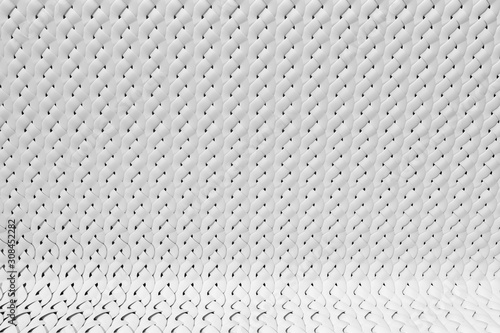 3D illustration of white gray geometric background consisting of a curved surface a series of woven together three band flat braids curling vertically imitating openwork knitting or weaving