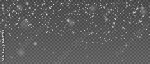 Vector falling snow overlay. Realistic shining snowfall background for Christmas banner of winter collection decoration isolated on transparent. Stock illustration