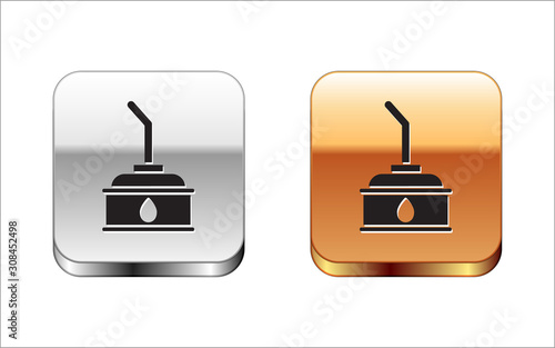 Black Canister for motor machine oil icon isolated on white background. Oil gallon. Oil change service and repair. Silver-gold square button. Vector Illustration