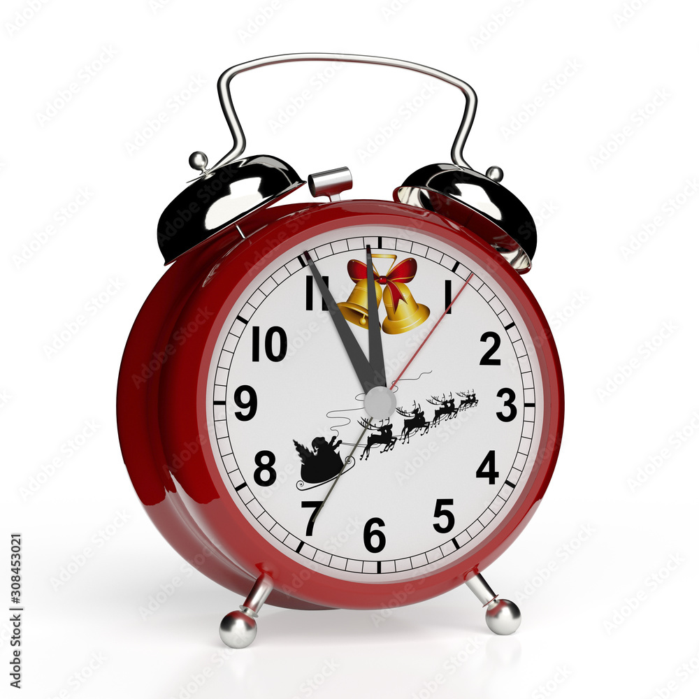It's christmas time. Alarm clock isolated on white background. 3D rendering. It's christmas time. Alarm clock isolated on white background. 3D rendering.