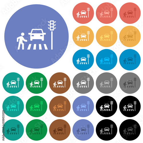 Pedestrian crossing round flat multi colored icons