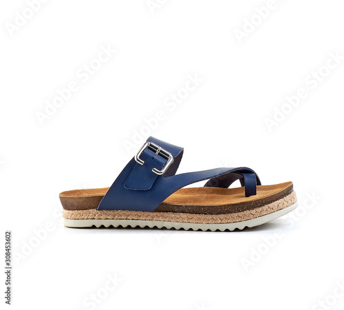 blue leather men's summer sandals isolate on a white background, side view.