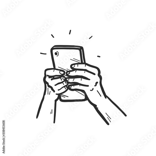 Human hands holding smartphone. Using mobile service concept. Hand drawn sketch style. Online sale  order online. Vector illustration.