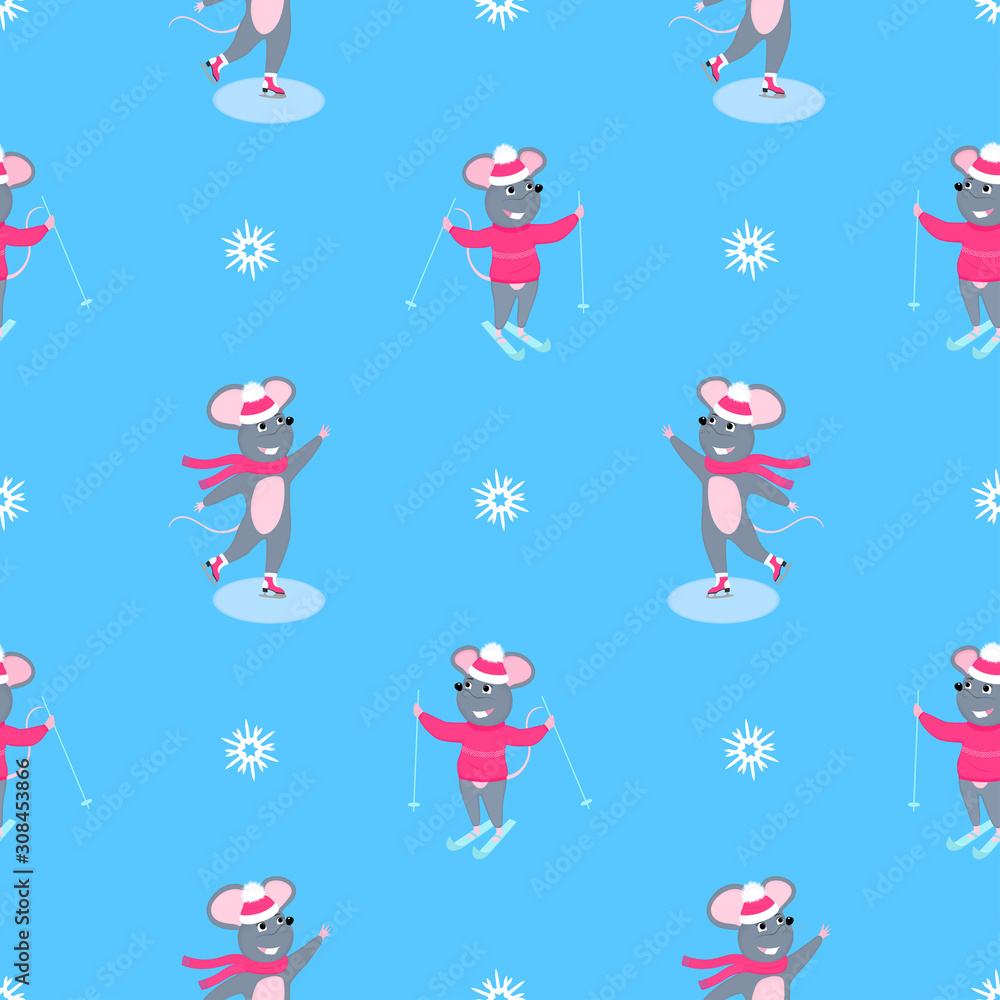 A set of mice. Little mouse. Rats. Winter fun. Skiing, ice skating. Symbol of Chinese New Year 2020. Christmas seamless pattern