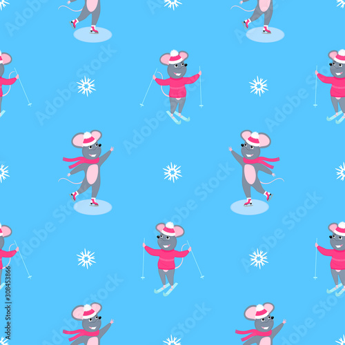 A set of mice. Little mouse. Rats. Winter fun. Skiing  ice skating. Symbol of Chinese New Year 2020. Christmas seamless pattern