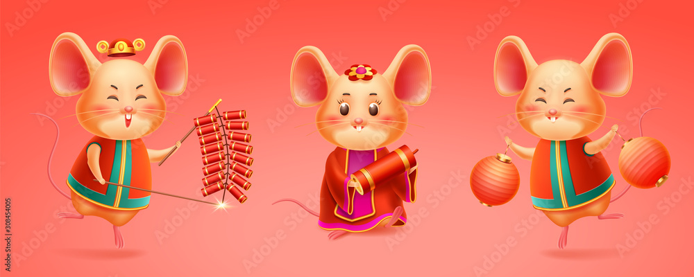 Obraz premium Rat celebrating 2020 chinese new year or mouse with hat and fireworks, red lantern or salute, kite. Korea and vietnam, singapore festival or asian festive, china celebration. Boy and girl mice. Lunar