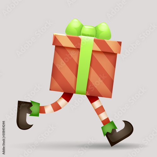 Running gift box christmas elf legs santa claus new year 3d cartoon character design vector illustration