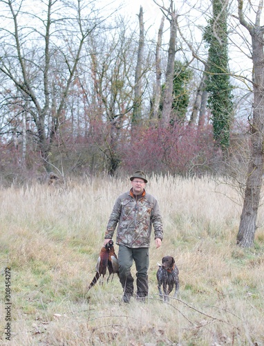 Hunter and German pointer carries pheasants